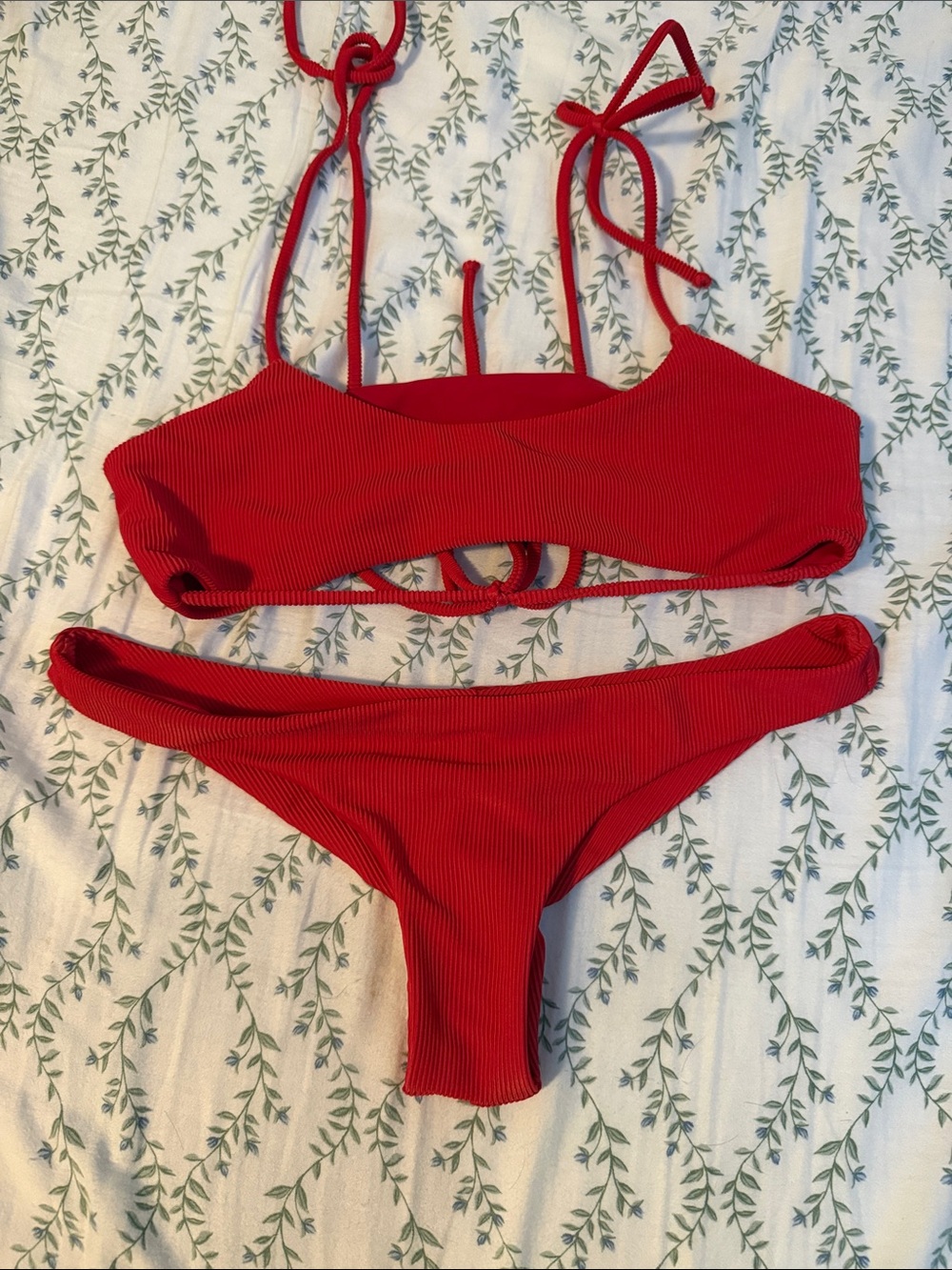 Red Ribbed Tie-Shoulder Bikini Set - Women Swim
